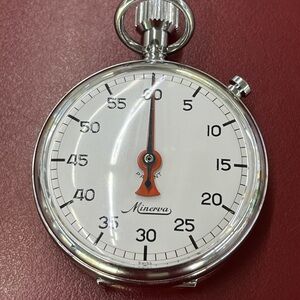 Vintage Swiss Minerva Silver-Tone White Dial Stopwatch - Red Accent